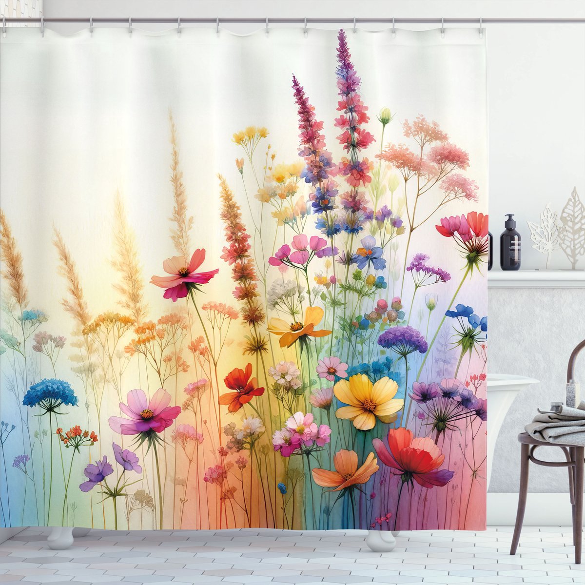 New Bed Bloemmotief Fijne takken op kleuren Douchegordijn Badkamer Decor Set met Haakjes, 120 cm B 200 cm L