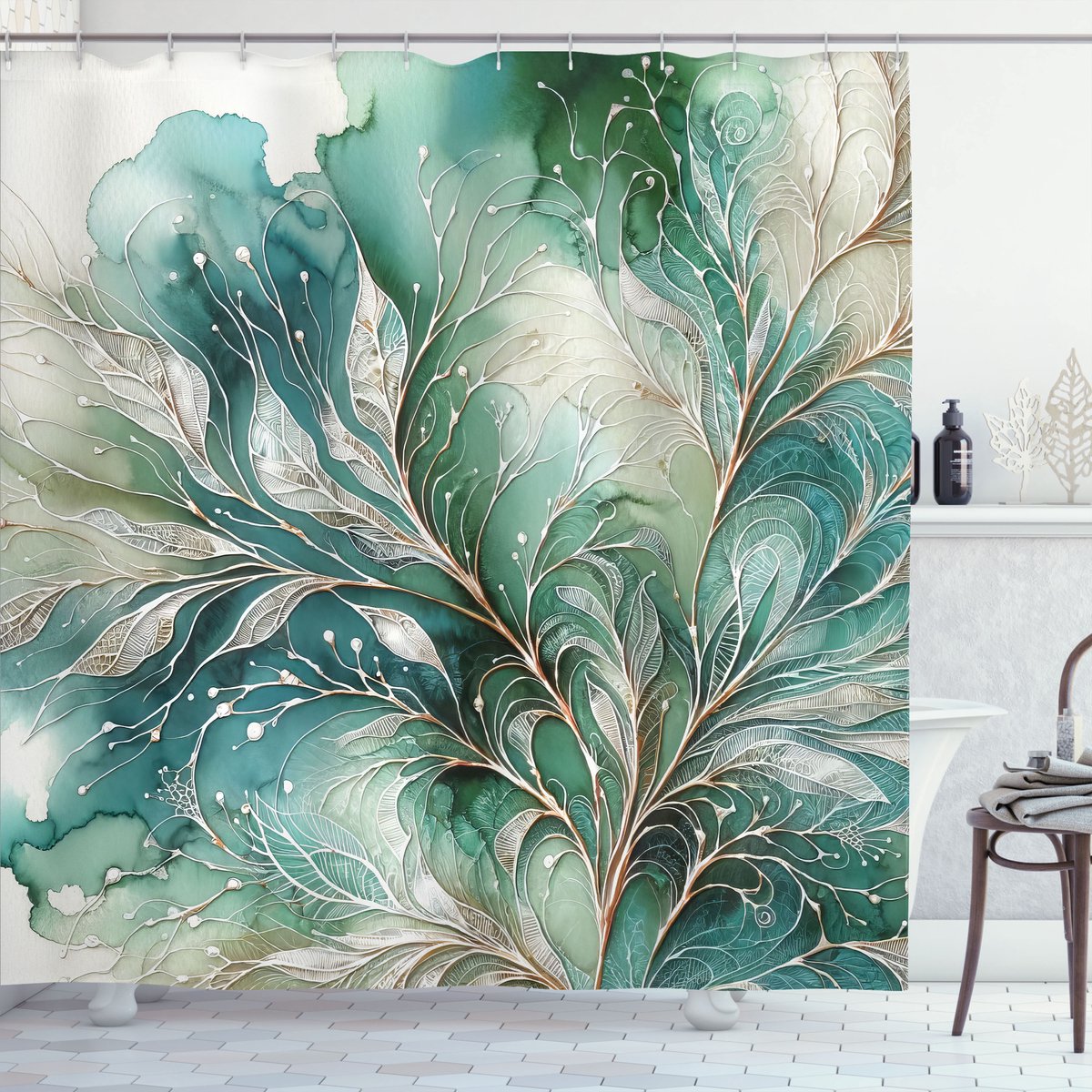 New Bed Blauwgroen Abstract marmerprint bladeren Douchegordijn Badkamer Decor Set met Haakjes, 180 cm B x 200 cm L