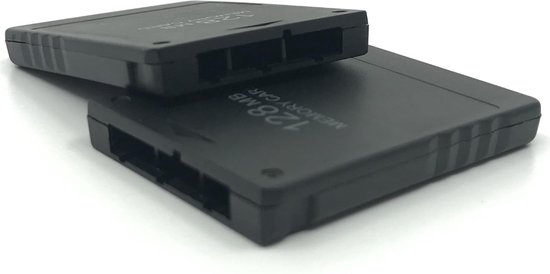 Twee zwarte 128MB geheugenkaarten voor Playstation 2, gestapeld op een witte ondergrond.
