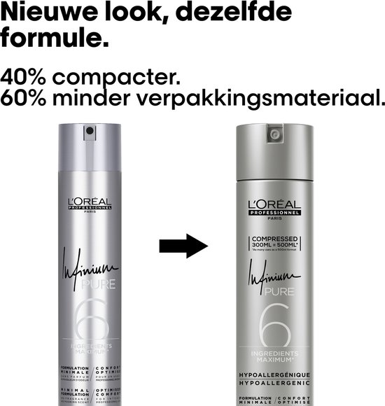 Twee zilverkleurige spuitbussen L'Oréal Infinium Pure naast elkaar. De rechter is 40% compacter en heeft 60% minder verpakkingsmateriaal.