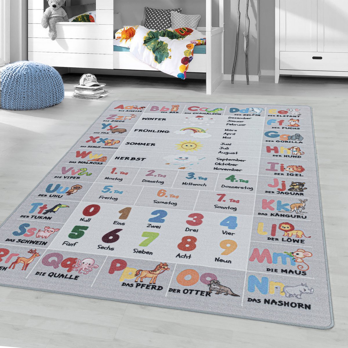 Flycarpets Kindervloerkleed - ABC, Cijfers en Dieren- Grijs 140x200 cm