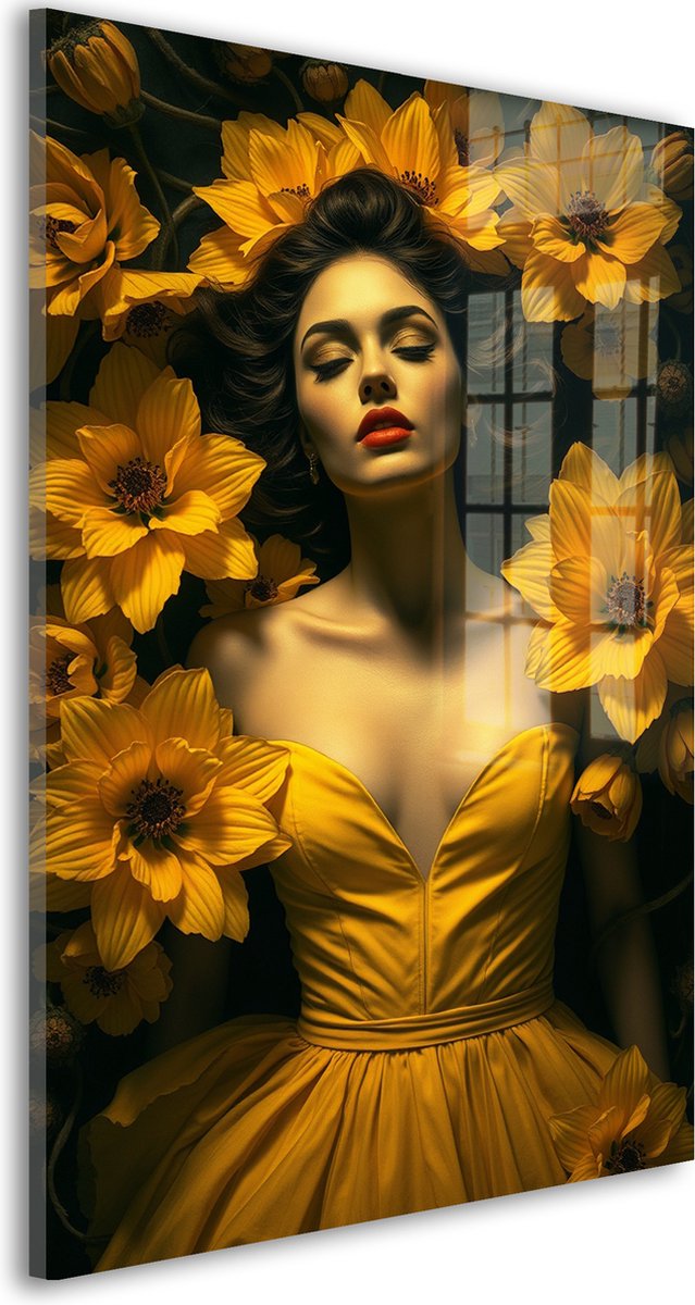 Glasschilderij Gouden Droom - 30 x 20 cm - Vrouw - Bloemen en Planten;Portretten - Acrylaat - Inclusief wandbevestiging - Foto op plexiglas - Wanddecoratie woonkamer