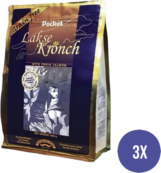 Zak hondenvoer 'Lakse Kronch' met zalm, met illustratie van een hond.