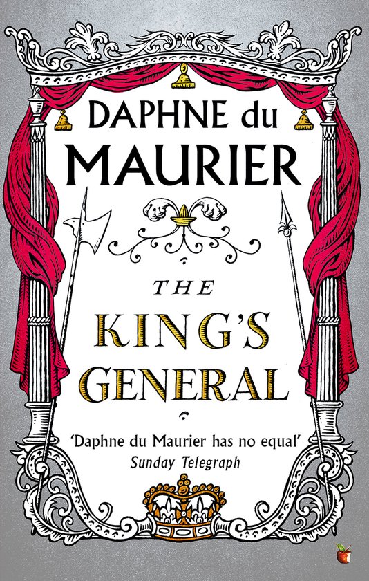 Boek 'The King's General' van Daphne du Maurier, met gouden letters op een witte achtergrond, omringd door rode gordijnen en decoraties.