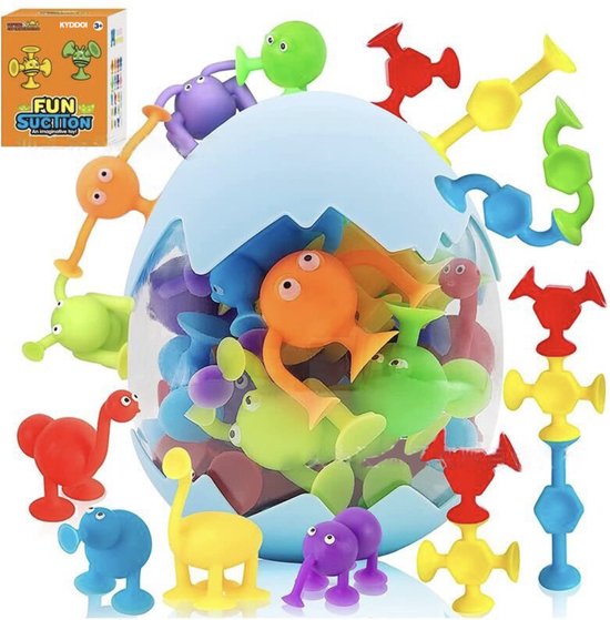 KYDDOI Silicone Badspeelgoed - Zuignap speelgoed - 27 stuks - dinosaurus eivormige verpakking - Baby Cadeau - Baby Speelgoed – Peuter Speelgoed