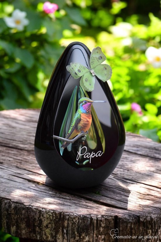 Urn-Glas-Crematie-as-mens-inhoud60ml-Diamond-Groen-Naam-Kolibrie-Vlinder