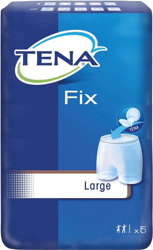 Verpakking TENA Fixation Pant Large, 5 stuks, met afbeelding van wit broekje.