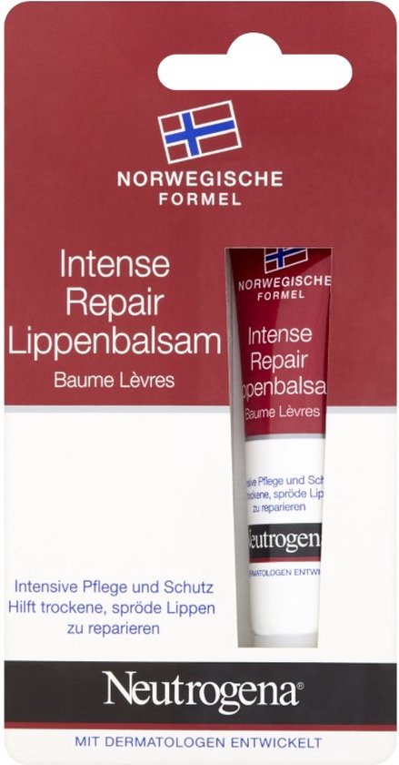 Baume à lèvres Neutrogena Intense Repair dans un emballage rouge, avec texte allemand 'Norwegische Formel' et détails du produit.