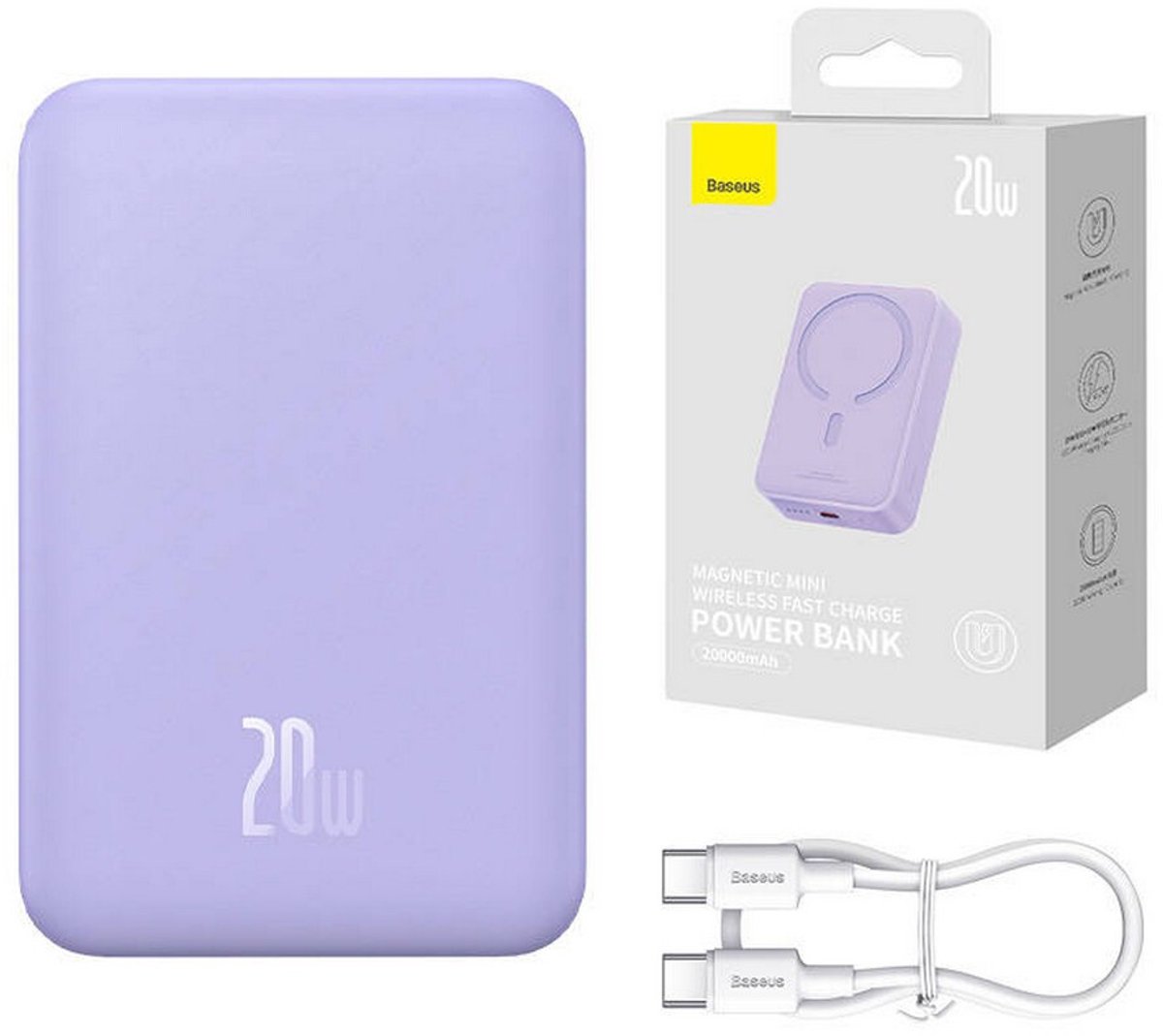 Baseus 20.000 mAh Powerbank Paars | Compact Met MagSafe & Fast Charge | 20W USB-C | Geschikt voor Apple iPhone en andere smartphones