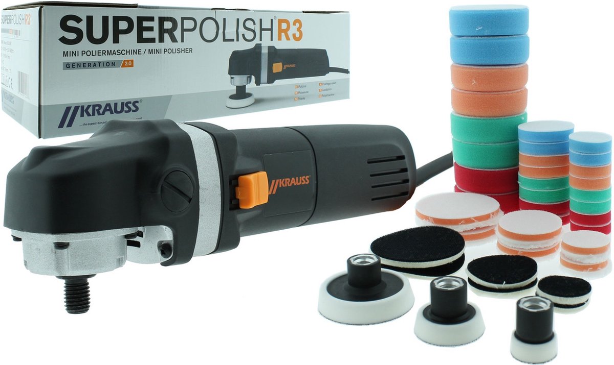 KRAUSS R3 Mini Roterende Polijstmachine Set 75mm 900 Watt + Polijstpads