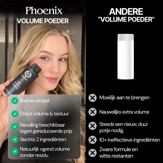 Model met blond haar vergelijkt "Phoenix Volume Poeder" met "Andere Volume Poeder".