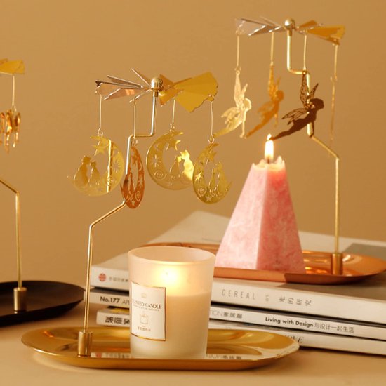 kingnero Carrousel Kaars Rotary Candle Holder Draaiende Kandelaar Metalen Theelicht Kandelaar voor Home Decor (Rose Gold Heart