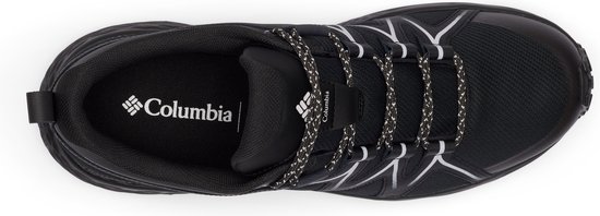 Zwarte Columbia wandelschoen, bovenaanzicht, met geveterde veters.