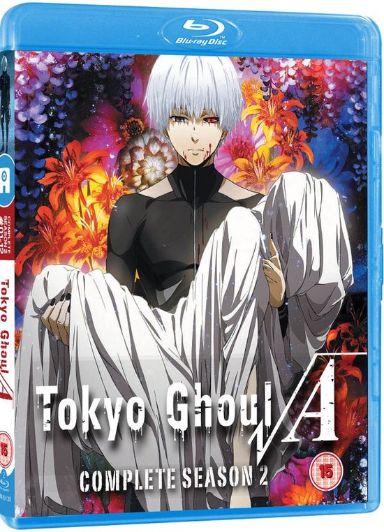 Blu-ray hoes Tokyo Ghoul A Complete Season 2 met Ken Kaneki die een lichaam vasthoudt voor een kleurrijke achtergrond.