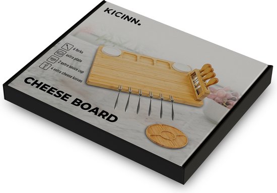 Verpakking van de Kicinn borrelplank met afbeelding van de plank, mesjes, schaaltjes en extra serveerplankje.