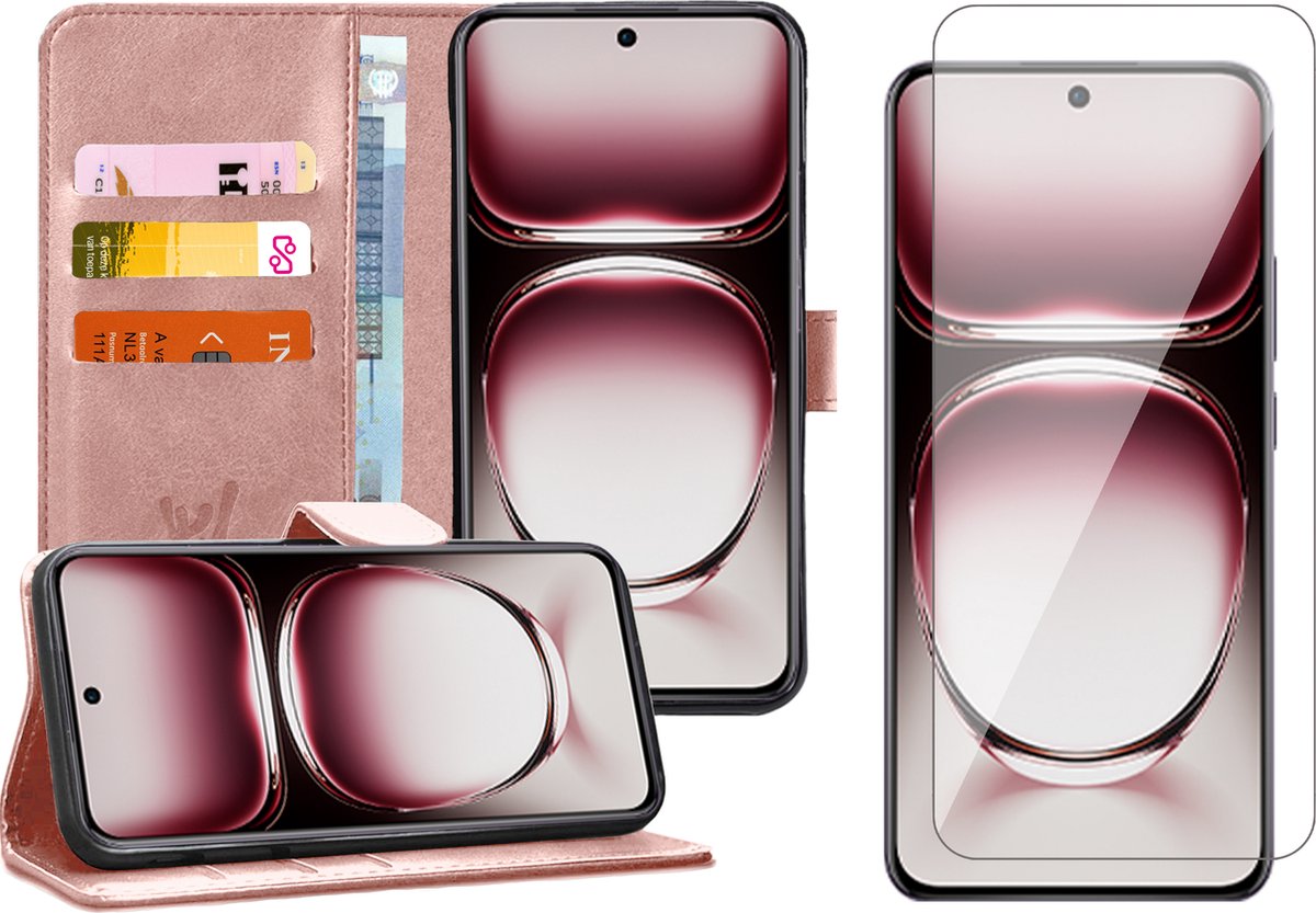 Hoesje geschikt voor Oppo Reno 12 - Screenprotector Glas - Portemonnee Book Case Rosegoud