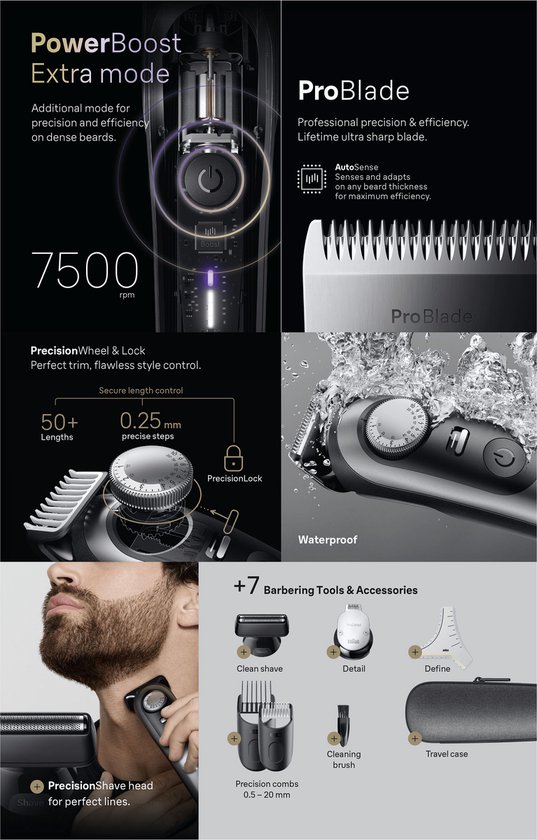Braun Tondeuse À Barbe Series 9 BT9520 + 7 Outils De Barbier - ProBlade - 52 Longueurs - Chrome