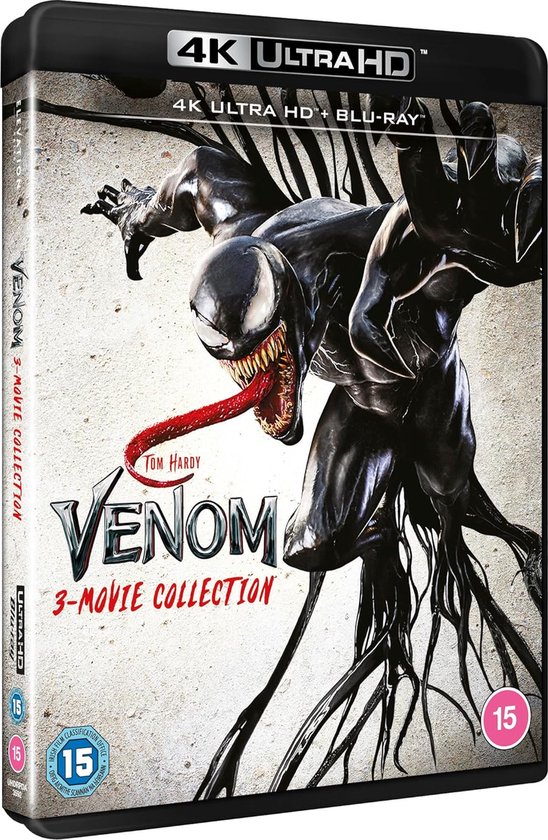La jaquette 4K Ultra HD Blu-ray Venom - 3 Film Collection, avec Venom tirant la langue.