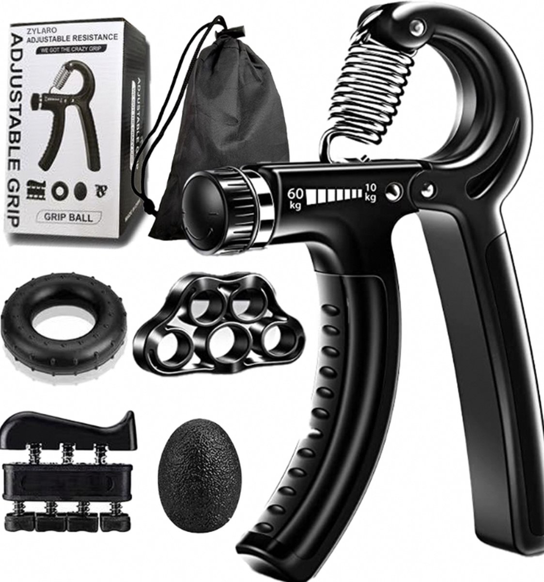 ZYLARO 5-Delige Fitness Handtrainer Set - 10 tot 60 kg - Handtrainer Set - Hand, Onderarm, Pols & Vingers Trainer - Stressbal, Knijphalter, Stretcher & Grip bal