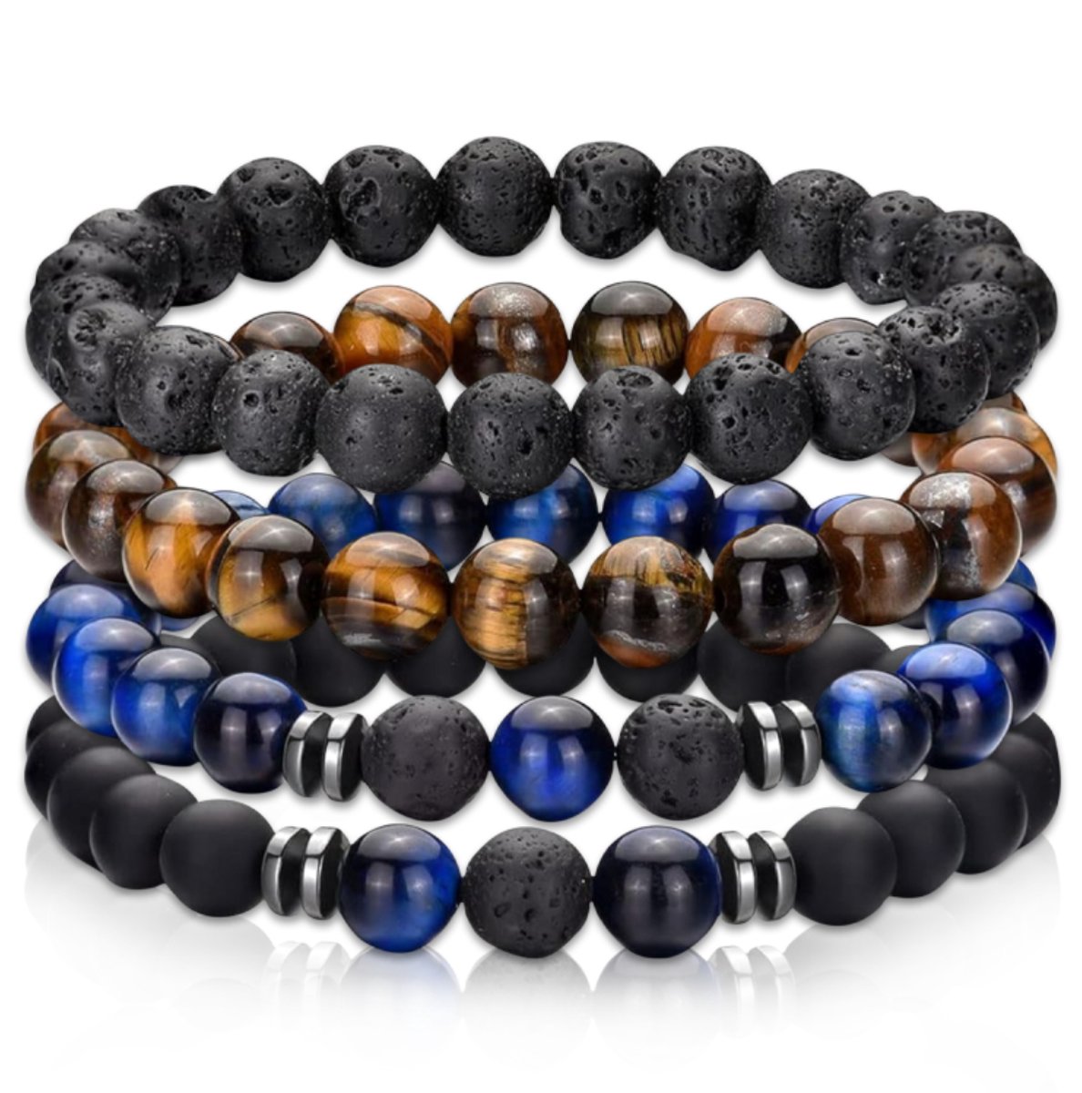 Nalussa's Natuursteen Armbanden - Kralen Armbandjes set van 4 - Natuursteen Multi Armband - Zwart, Bruin, Blauw, Zwart/blauw - Armband Heren - Sieraden - Cadeau