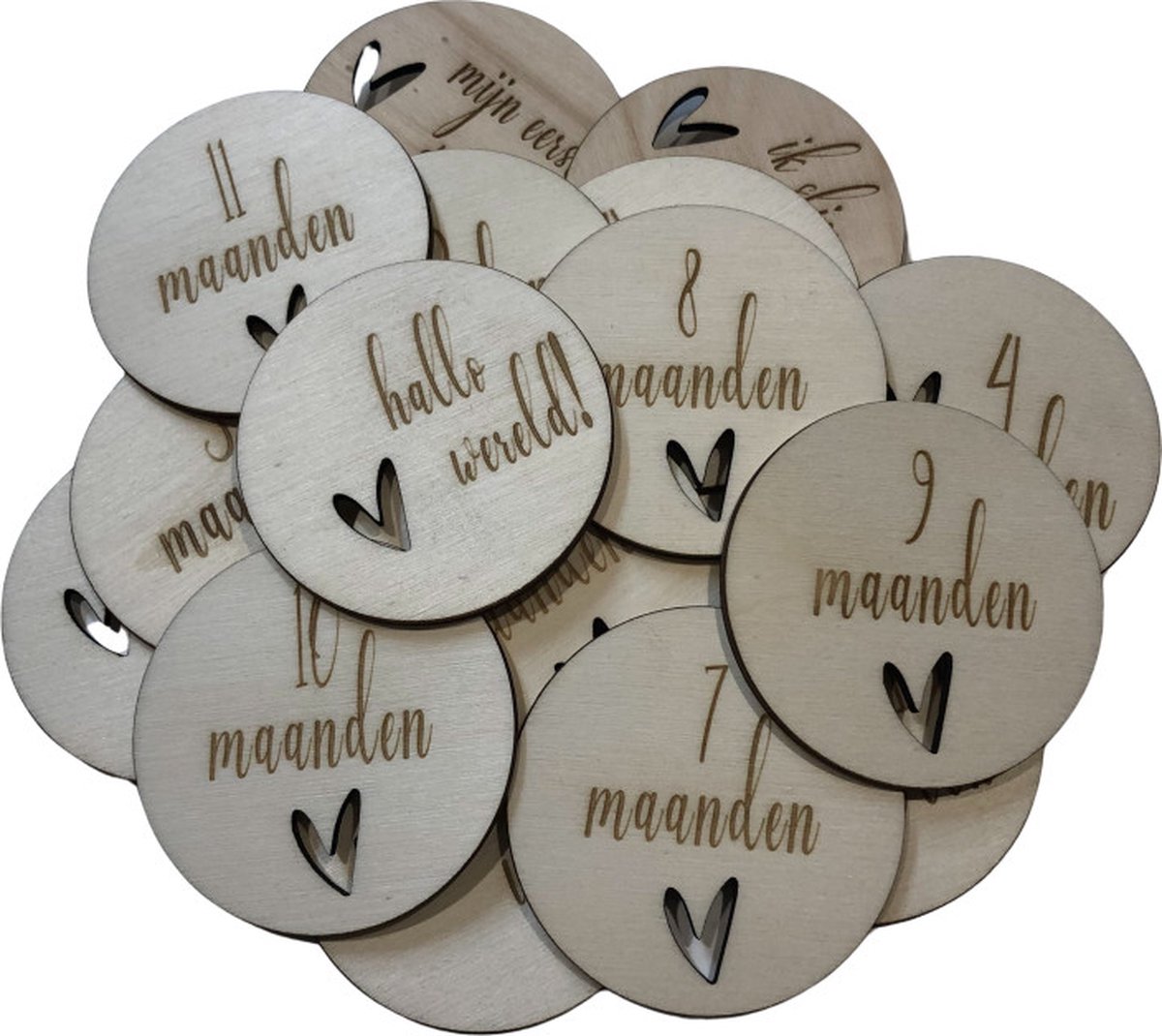Mijlpaalkaarten hartje - Houten Mijlpaalkaarten Baby - 18 mijlpalen - Natuurlijke Foto Kaarten - Nude Baby Accessoire - Kraam Cadeau - Baby Pakket Milestone - Mijlpaalschijf Baby - Zwangerschap