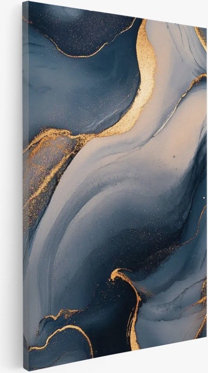 Saammp Canvas Schilderij - Blauw - marmer - Goud - Abstract - 40x50 - Foto op canvas - Wanddecoratie - Muurdecoratie Woonkamer - Kantoor Decoratie Multicolor