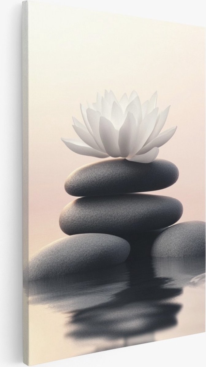Saammp Canvas Schilderij - Witte Bloemen met stenen - Landschap - Natuur - 60x90 - Foto op canvas - Wanddecoratie - Muurdecoratie Woonkamer - Slaapkamer decoratie - Canvas Print Multicolor