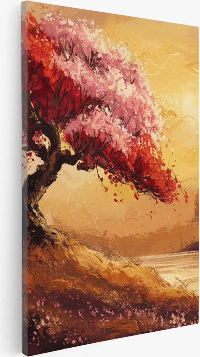 Saammp Canvas Schilderij - Abstracte Boom met rode bladeren - Landschap - Natuur - 80x120 - Foto op canvas - Wanddecoratie - Muurdecoratie Woonkamer - Slaapkamer decoratie - Canvas Print Multicolor