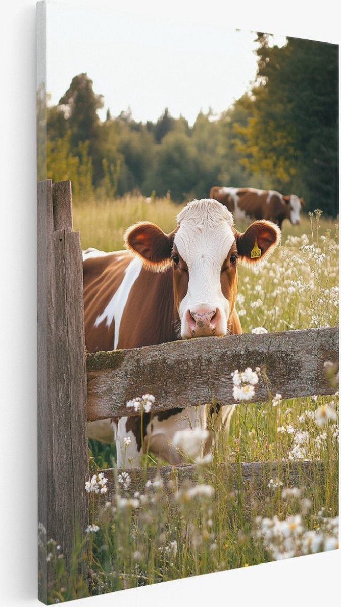 Saammp Canvas Schilderij - Koe achter hek - Dieren - Natuur - 75x100 - Foto op canvas - Wanddecoratie - Muurdecoratie Woonkamer - Slaapkamer decoratie - Canvas Print Multicolor