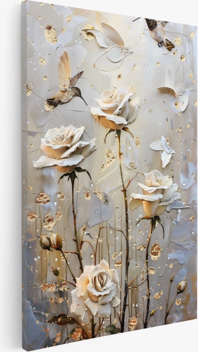 Saammp Canvas Schilderij - Witte bloemen met een vogel - Abstract - 75x100 - Foto op canvas - Wanddecoratie - Muurdecoratie Woonkamer - Kantoor Decoratie Multicolor