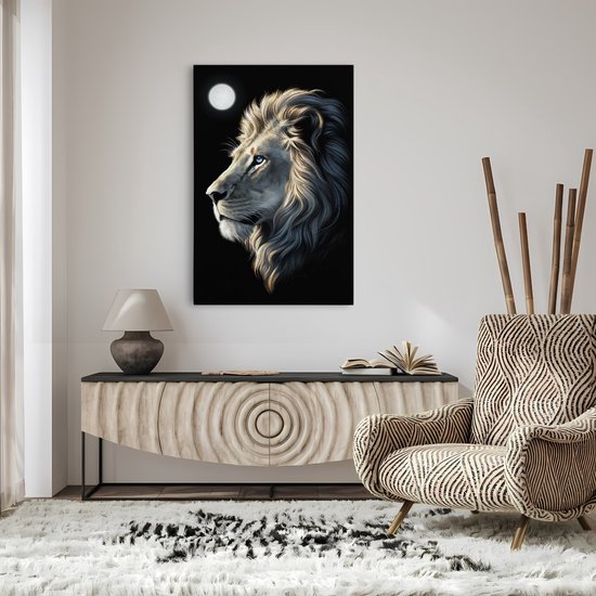Saammp Canvas Schilderij - Leeuw - Maan - Dieren - 75x100 - Natuur - Foto op canvas - Wanddecoratie - Muurdecoratie Woonkamer - Slaapkamer decoratie - Canvas Print