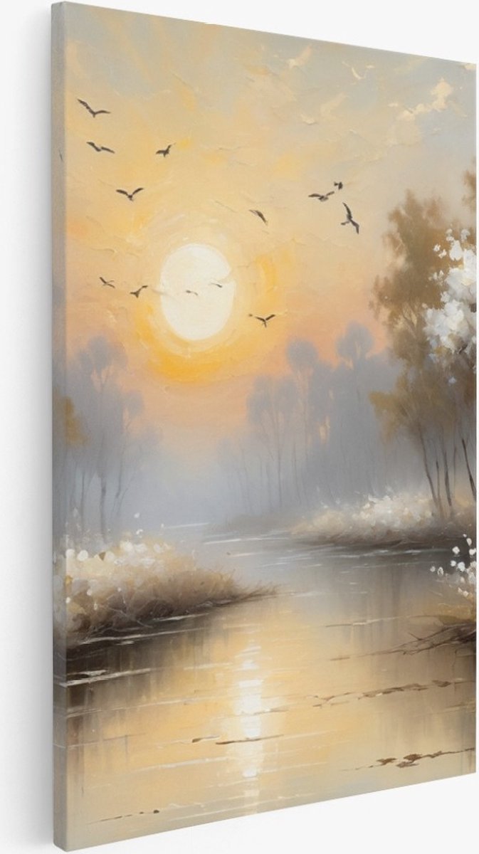 Saammp Canvas Schilderij - witte landschap met zon - Natuur - 75x100 - Foto op canvas - Wanddecoratie - Muurdecoratie Woonkamer - Slaapkamer decoratie - Canvas Print Multicolor