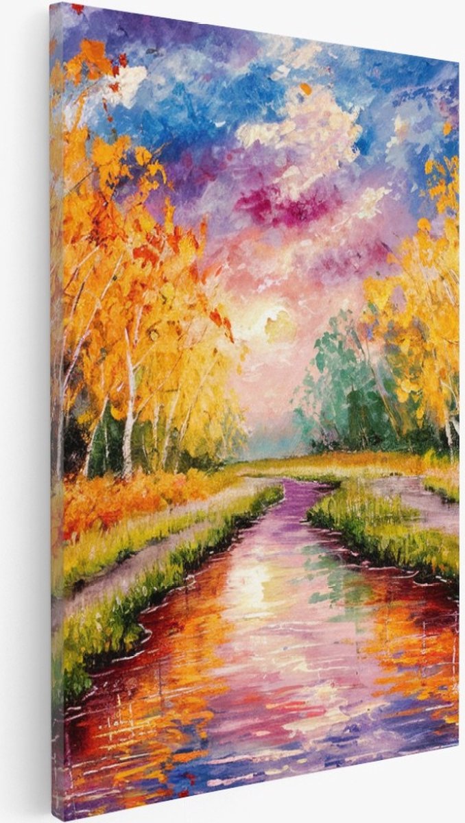 Saammp Canvas Schilderij - Kleurrijke bomen naast een rivier - Natuur - 75x100 - Foto op canvas - Wanddecoratie - Muurdecoratie Woonkamer - Slaapkamer decoratie - Canvas Print Multicolor