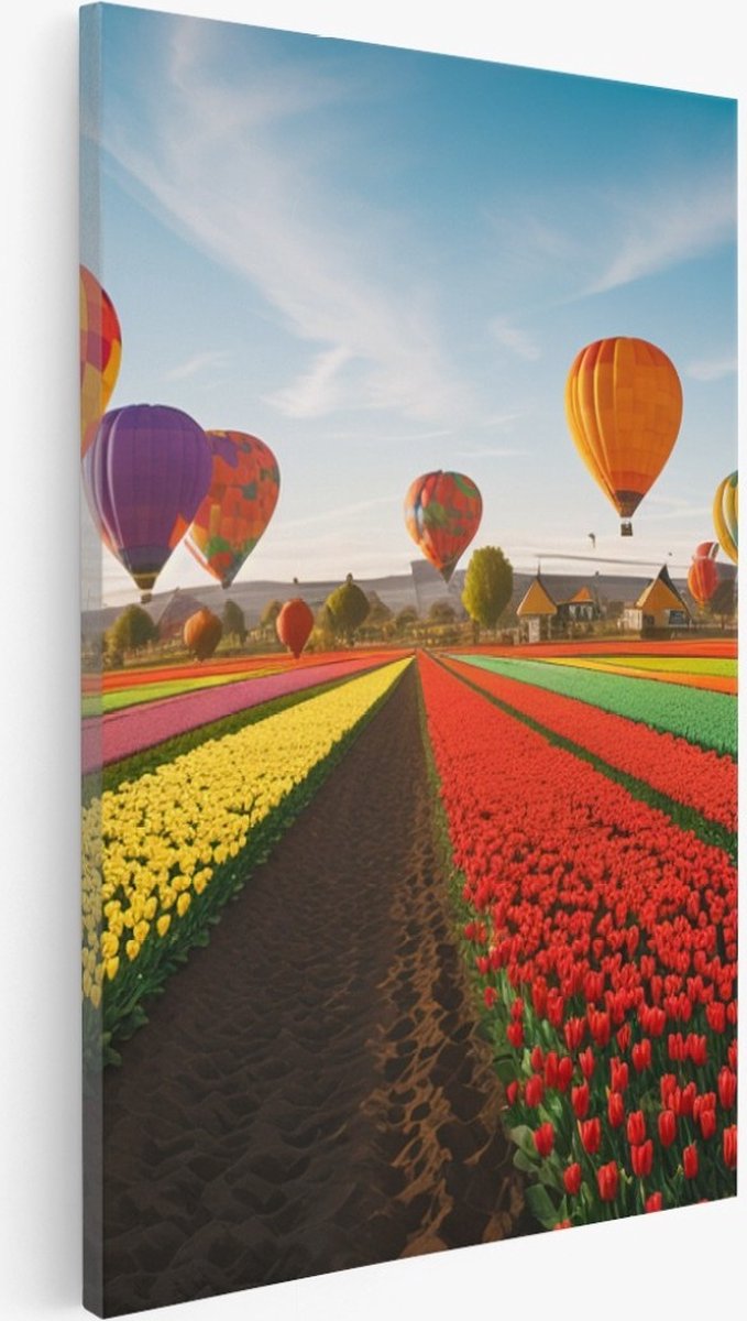Saammp Canvas Schilderij - Landschap - Luchtballonnen boven een tulpenveld - Natuur - 40x50 - Foto op canvas - Wanddecoratie - Muurdecoratie Woonkamer - Slaapkamer decoratie - Canvas Print Multicolor