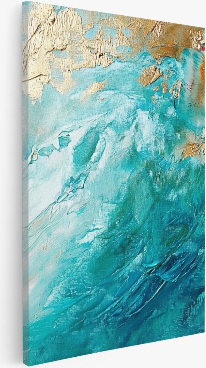Saammp Canvas Schilderij - Goud - Blauwe kunst - Abstracte - 50x70 - Foto op canvas - Wanddecoratie - Muurdecoratie Woonkamer - Kantoor Decoratie Multicolor