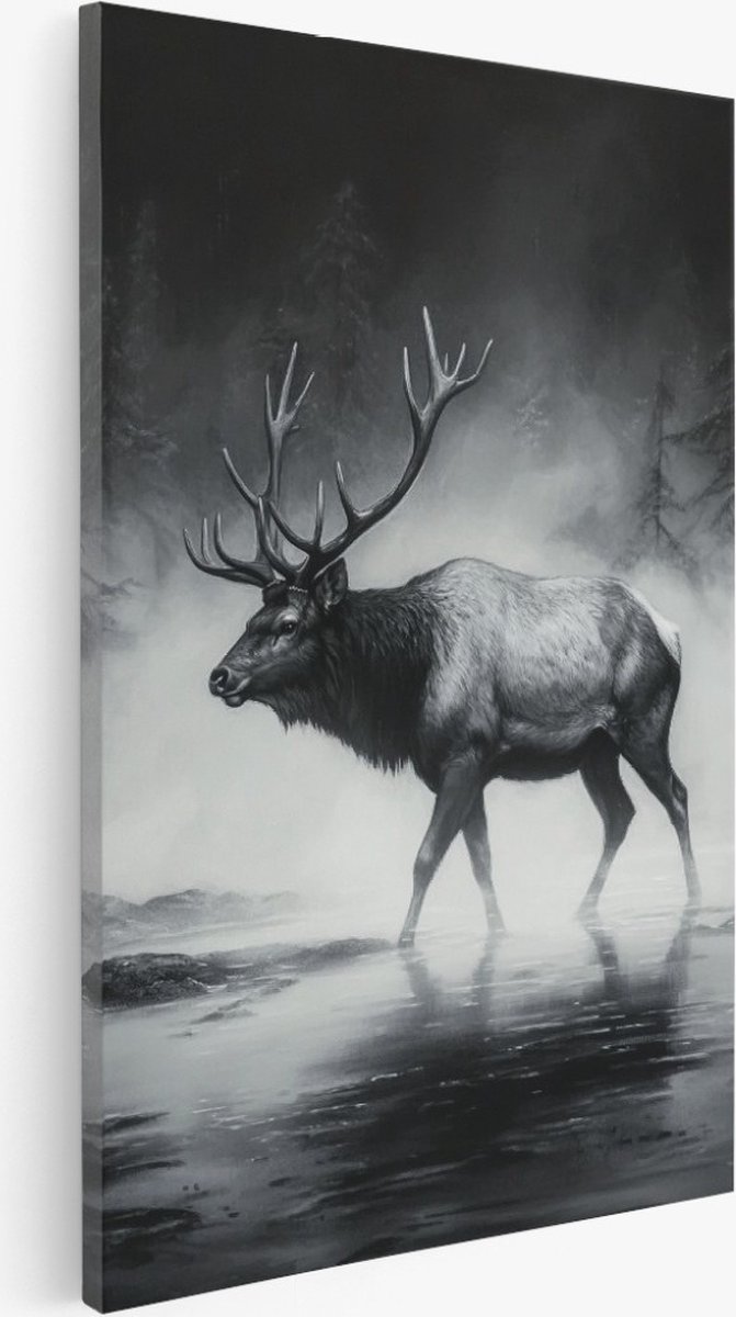 Saammp Canvas Schilderij - Hert in de mist - Natuur - Dieren - 80x120 - Foto op canvas - Wanddecoratie - Muurdecoratie Woonkamer - Slaapkamer decoratie - Canvas Print Multicolor
