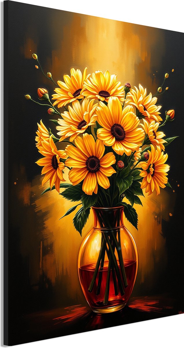 Wanddecoratie Metaal - Aluminium Schilderij Gouden Bloei - 90 x 60 cm - Bloemen - Muurdecoratie woonkamer en slaapkamer - Inclusief ophangsysteem - Modern - Modern - Displate alternatief