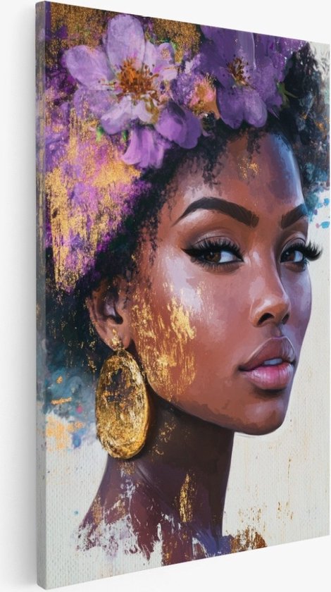 Saammp - Canvas Schilderij - Vrouw met paarse bloemen - abstract - 30x40 - Foto op canvas - Wanddecoratie - Muurdecoratie Woonkamer - Slaapkamer decoratie - Canvas Print