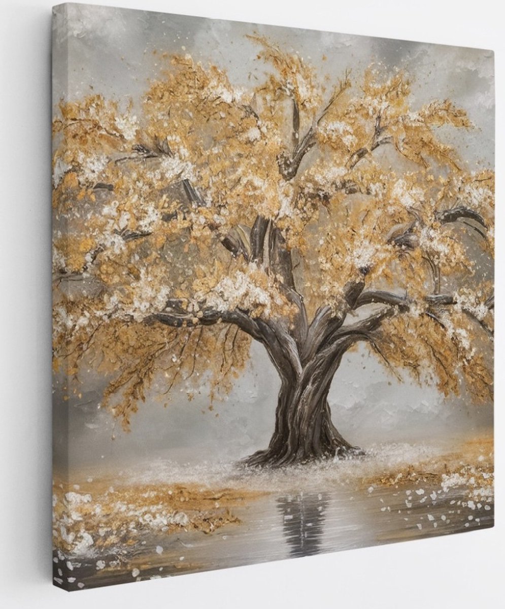 Saammp Canvas Schilderij - Goude winterboom - Abstract - 60x60 - Foto op canvas - Wanddecoratie - Muurdecoratie Woonkamer - Slaapkamer decoratie - Canvas Print Multicolor