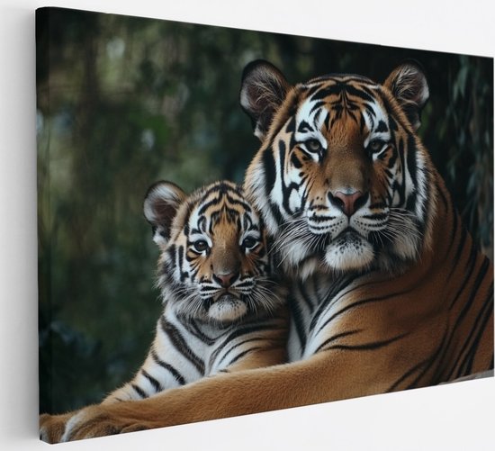 Saammp Canvas Schilderij - Tijger welp met moeder - Natuur - Dieren - 150x100 - Foto op canvas - Wanddecoratie - muurdecoratie Woonkamer - Slaapkamer decoratie - Canvas Print