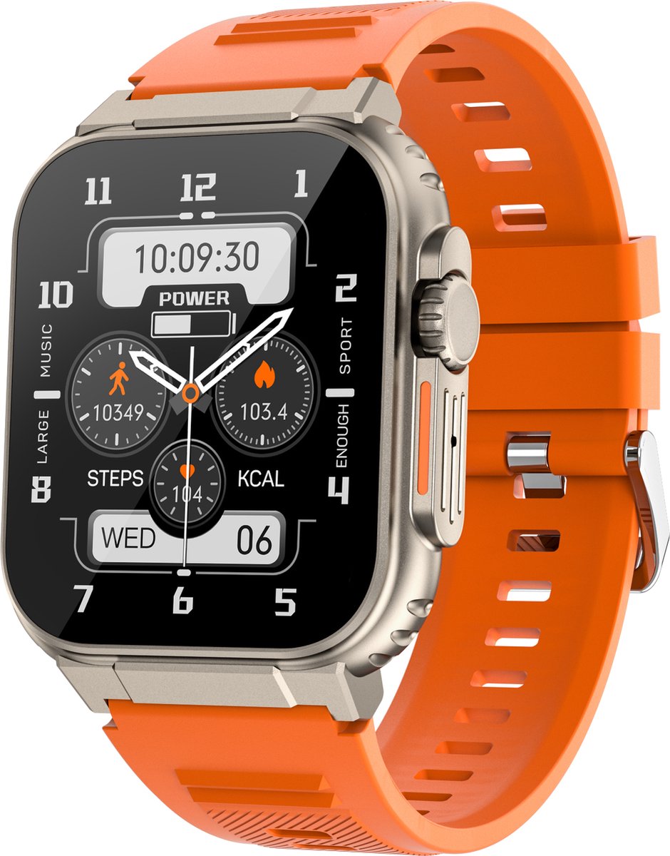 Knobbout 1.96" (3.5*4.4cm) Smartwatch - Bluetooth belfunctie-Super sterke batterij 600MAH- met o.a. NL menu - 44mm HD scherm- Zinklegering horlogekast - Bloeddrukmeting&Bloedzuurstof functie - Opnamefunctie - Slaapmonitor Oranje