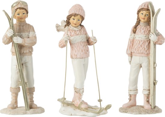 J-Line figurine Filles & Garçon Ski - polyrésine - blanc/rose - 3 pcs