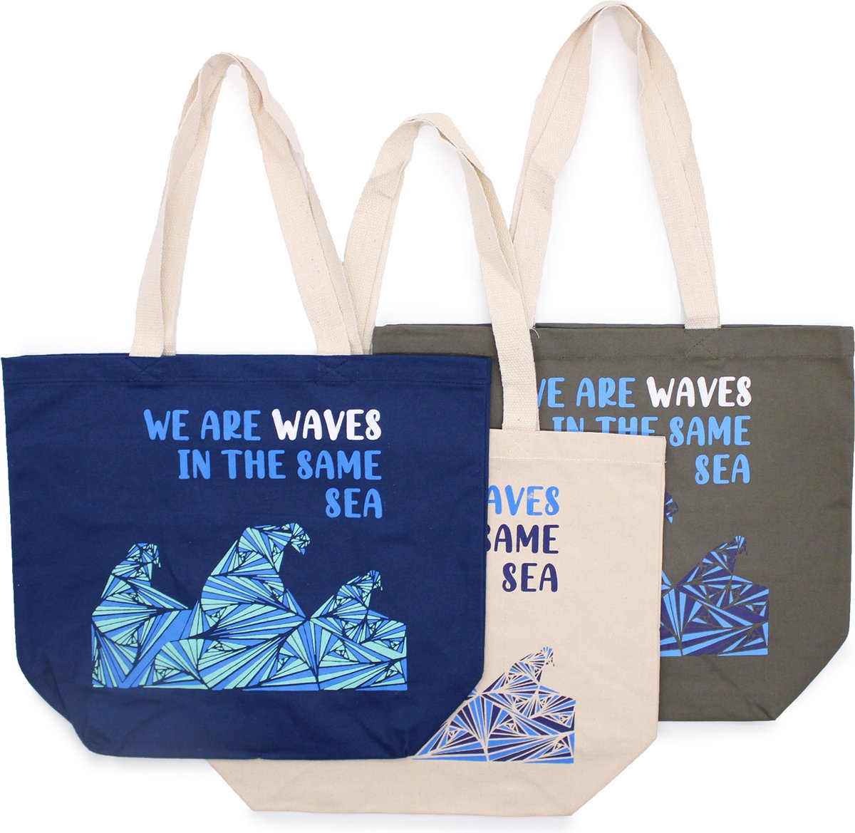 3 stuks schoudertas katoen - shoppingtas - Draagtas lang hengsel - We Are Waves - Tote Bag - Katoenen Tassen 3 stuks (3 ontwerpen) - Eco - Bio - 'Cotton Not Plastic'