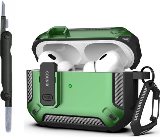 Sounix Hoesje geschikt voor Airpods Pro 1 / 2 - Met schoonmaak borstel - Airpods Pro Hoesje - Armor Case met Lock - Groen