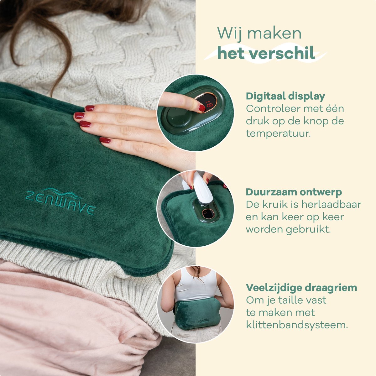 Zenwave Elektrische Kruik met Hoes - Digitaal Display - Warmtekruik & Waterkruik met Handwarmers - Oplaadbare Warmtekussen - Menstruatie Warmteband - Duurzaam & Draadloos - Kamperen & Outdoor - Warmwaterkruik Groen – foto 2