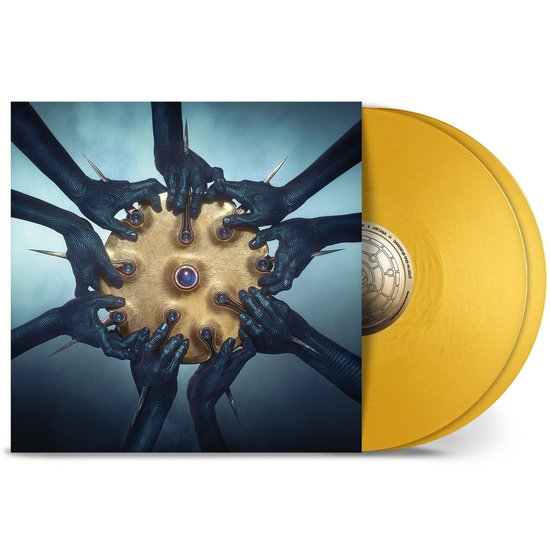 Gele vinyl LP met hoes, 10 donkere handen met klauwen die een gouden schijf met blauwe parels vasthouden.
