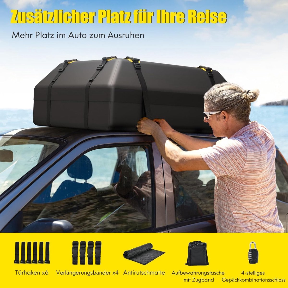 COSTWAY Dakkoffer voor auto, dakkoffer, waterdicht, met 6 deurhaken, cijferslot, antislip mat en draagtas, opvouwbare daktas, bagagebox voor auto's, bestelwagens, SUV's, zwart, 420 liter – foto 4