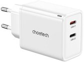Choetech - 65W Mini Snellader - 2x USB-C aansluiting - GaN Oplader - Super Snel Charger - Geschikt voor iPhone, Samsung, Laptop en Tablet - Wit