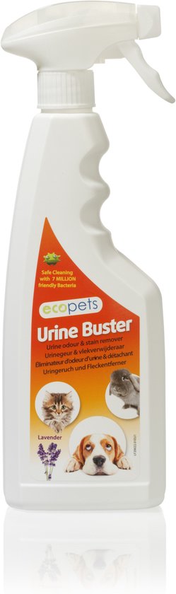 Witte spuitfles Urine Buster geurverwijderaar met kat, hond en konijn.