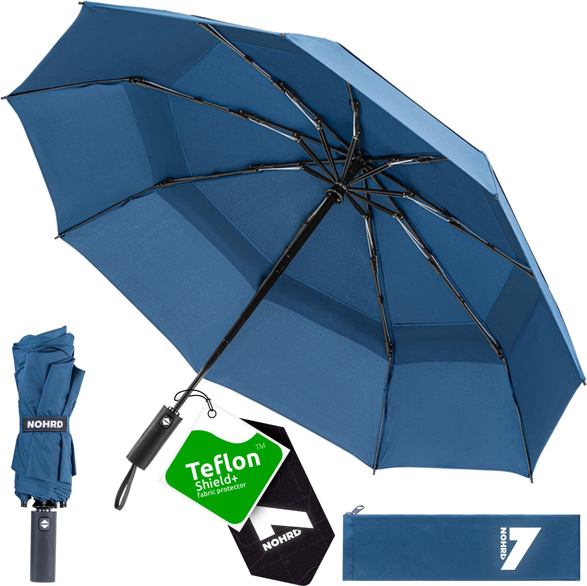 Bol.com Nohrd Stormparaplu - Blauw - Paraplu Opvouwbaar - Wind Doorlaatbaar - 140 km/h - Stormparaplu's - Automatisch In- en Uit... aanbieding